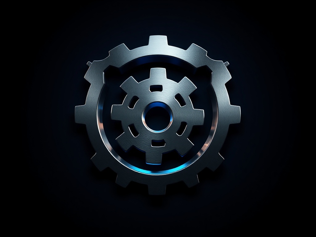 Abstract logo mark: interlocking gears forming a shield, polished metal texture, subtle blue glow, dark background with dramatic lighting, photorealistic 8k